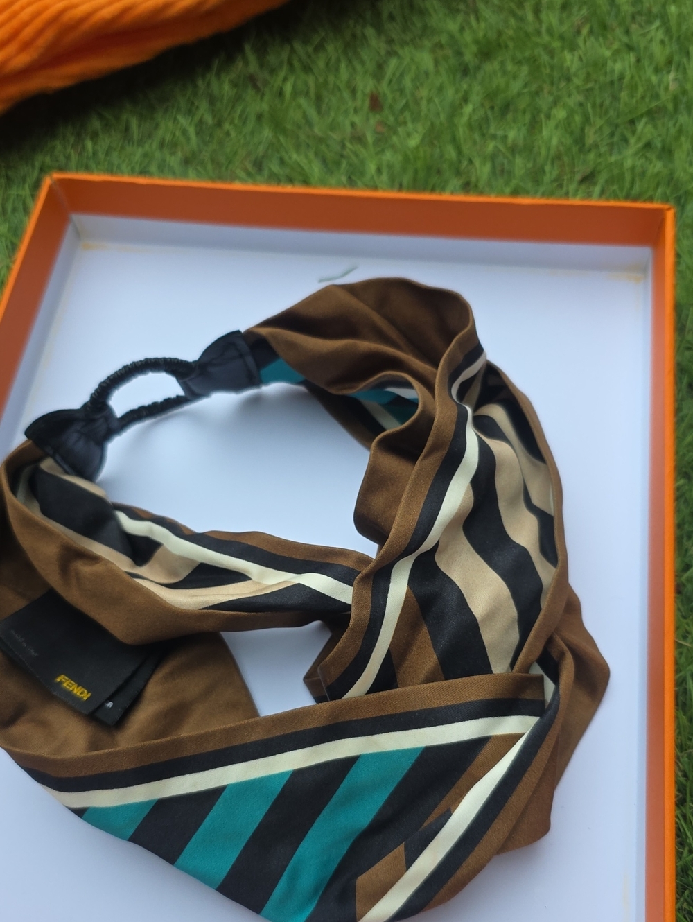 Fendi Silk-Blend Striped Headband in Brown & Teal